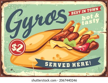 Gyros vintage metal sign advertisement for fast food restaurant. Kebab  graphic illustration. Vector gyros poster for diner or street food stand.
