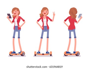 Gyroscooter attractive smiling girl riding a self-balancing board, wearing shorts, holding phone, standing pose, vector flat style cartoon illustration isolated, white background, front, rear view