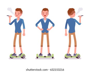 Gyroscooter boy riding a self-balancing board, wearing beige chino shorts, hipster hairstyle, standing pose, vaping, vector flat style cartoon illustration isolated, white background, front, rear view