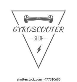 Gyroscooter shop logo. Triangular badge with balance board isolated on white background. Emblem for electric scooters store advertising or window signage. Monochrome vector illustration.