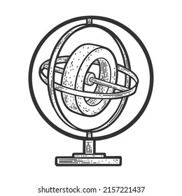 Gyroscope device sketch engraving vector illustration. T-shirt apparel print design. Scratch board imitation. Black and white hand drawn image.