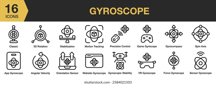 Gyroscope icon set. Includes gyroscope, sensor, technology, device, equipment, and More. Outline icons vector collection.