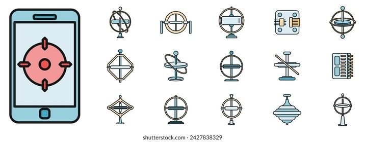 Gyroscope instrument icons set. Outline set of gyroscope instrument vector icons thin line color flat on white