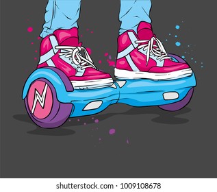 Gyroscope and legs in jeans and sneakers. Vector illustration. Sport and active lifestyle.