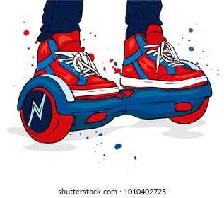 Gyroscope and legs in jeans and sneakers. Vector illustration. Sport and active lifestyle.