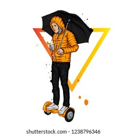 Gyroscope and legs in jeans and sneakers. Vector illustration. Sport and active lifestyle. Gyroscooter. Hoverboard.