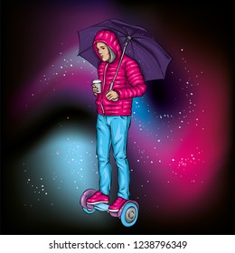 Gyroscope and legs in jeans and sneakers. Vector illustration. Sport and active lifestyle. Gyroscooter. Hoverboard.