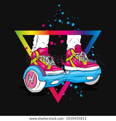 Gyroscope and legs in jeans and sneakers. Vector illustration. Sport and active lifestyle.