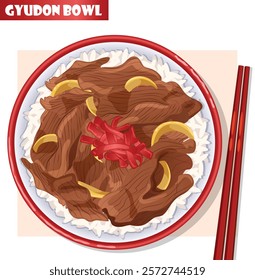 Gyudon Bowl Top View with Chopsticks. Steamed Rice Topped with Beef, Simered Onions and Beni Shoga. Traditional Japanese Beef Bowl Illustration  