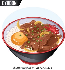 Gyudon Japanese Beef Bowl Isolated. Rice Topped with Beef, Simmered Onions, Raw Egg, Beni Shoga, Sesame and Scallions. Authentic Asian Cuisine Detailed Illustration 