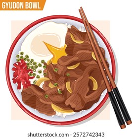 Gyudon or Japanese Beef Bowl Top View with Wooden Chopsticks. Rice Topped with Beef, Onions, Pouch Egg, Beni Shoga and Scallions. Asian Dish Detailed Illustration 