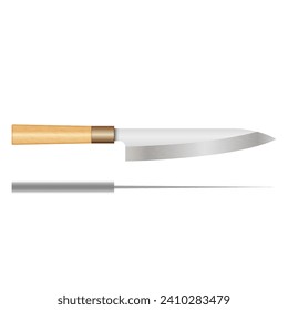 Gyuto es un objeto vectorial de vista lateral de cuchillo de chef aislado en blanco. Un cuchillo de cocina tradicional japonés con una cuchilla de acero y asa de madera.