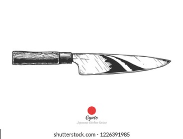 Gyuto, Japanese kitchen knife. Vector hand drawn illustration in vintage engraved style. Isolated on white background.