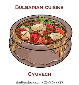 Gyuvech is a traditional Bulgarian dish featuring a hearty stew of meat, vegetables, and spices, typically baked and served in an earthenware pot.