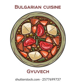 Gyuvech is a traditional Bulgarian dish featuring a hearty stew of meat, vegetables, and spices, typically baked and served in an earthenware pot.