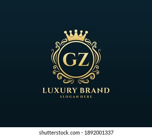GZ Initial Letter Gold calligraphic feminine floral hand drawn heraldic monogram antique vintage style luxury logo design.