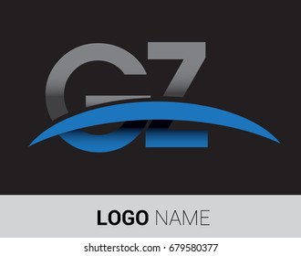 GZ initial logo company name colored grey and blue swoosh design.