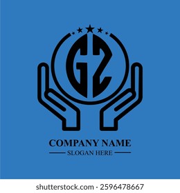 GZ initials held within hands, symbolizing trust and protection. The circle represents unity, while stars highlight excellence and ambition.