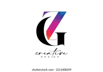 GZ Letter Design with Creative Cut and Colorful Rainbow Texture. ZG Letter Icon Vector Logo with Serif Font and Minimalist Style.