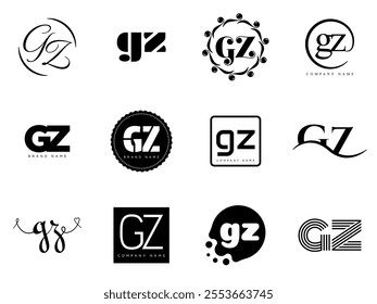 GZ logo company template. Letter g and z logotype. Set different classic serif lettering and modern bold text with design elements. Initial font typography. Collection trendy business identity.