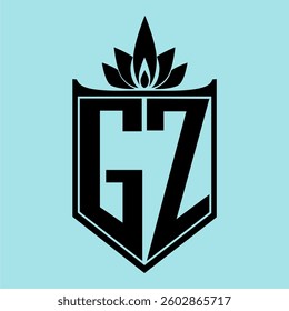 GZ Logo featuring a minimalist design with a crown-like flower symbol on top, bold black elements, and a soft blue background, perfect for branding and modern visual identity.
