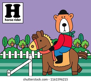 H alphabet with bear horse rider cartoon character, illustration, vector