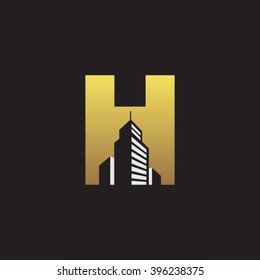 H alphabet building negative space letter logo gold black background