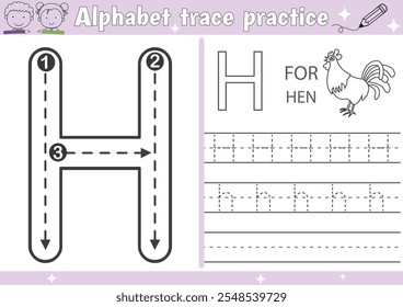 
H alphabet tracing practice worksheet and Hen coloring book page with outline vector for Pre-school Kids
