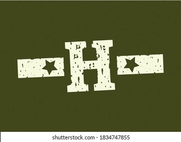 H badge letter Military, Army design with star on camouflage background. Grungy font vector illustration