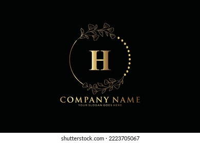 H Beauty vector initial logo, Golden floral letters with flowers leaves and gold splatters isolated on white background. Vector illustration for wedding, greeting cards, invitations template design