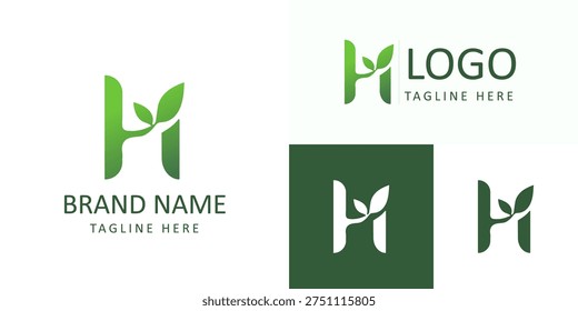 H bio logo with growing leaf plant for eco organic natural brand identity