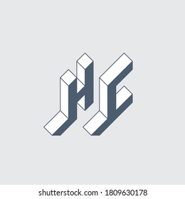 H and C - Monogram or logotype. HC - 2-letter code. Isometric 3d font for design. Three-dimension letters. Monumental logotype.