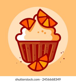 h cream and slices of orange fruit. Sweet food icon. Illustration of dessert. 