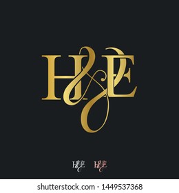 H & E HE logo initial vector mark. Initial letter H & E HE luxury art vector mark logo, rose gold, silver, gold color on black background.