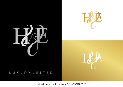 H & E / HE logo initial vector mark. Initial letter H & E HE luxury art vector mark logo, gold color on black background.
