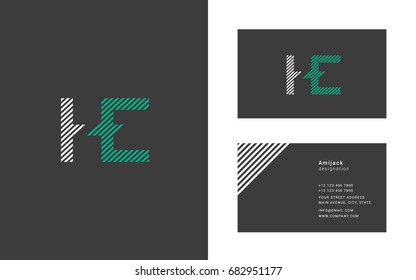 H E line logo joint letter design with business card template