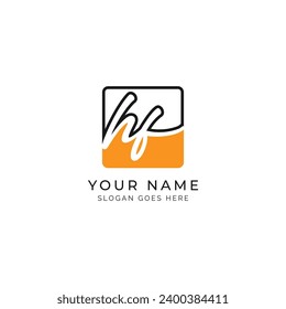 H, F, HF Initial letter handwritten and signature vector image template in square shape log