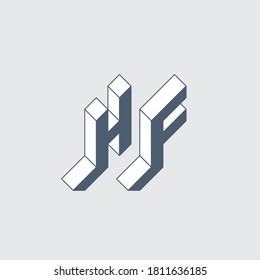 H and F - Monogram or logotype. HF - 2-letter code. Isometric 3d font for design. Three-dimension letters. Brutal logotype.