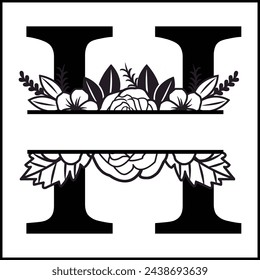 H Floral Split Monogram , Flower Monogram Clipart, Floral Letter Graphic, Alphabet Bundle |Split Monogram Alphabet | Split Monogram Frame Alphabet | Cut File for Circuit, Silhouette svg