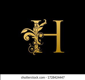 H Gold Letter Logo With Elegant Floral Design. Vintage drawn emblem for book design, brand name, letter stamp, Restaurant, Boutique, Hotel.  