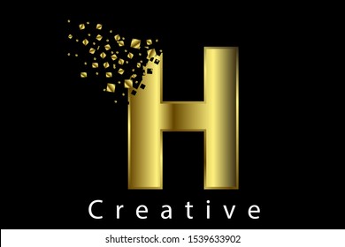 H golden metallic letter with dispersion effect on black background vector illustration. Styled letter design for logo, label, luxury concept, jewelry,  gold business or web page graphic elements.