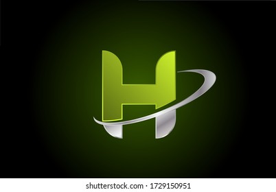 H Green Metallic Alphabet Letter Logo Icon For Business And Company With Grey Swoosh Design