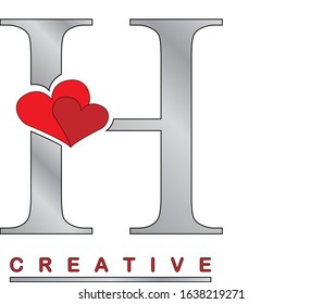 H grey letter with two red hearts vector illustration. Styled symbol for Valentine's day, love concept, logo, label, emblem, greeting card, cover or web page graphic design.