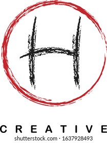 H grunge brush stroke letter alphabet logo icon design template with circle in black and red for business. Suitable for a company design, label, emblem, logo or web page.