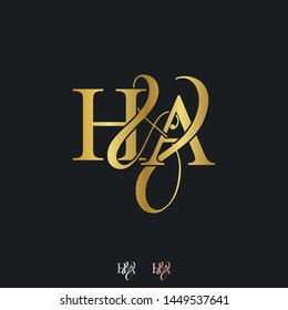 H & A HA logo initial vector mark. Initial letter H & A HA luxury art vector mark logo, rose gold, silver, gold color on black background.