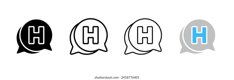 H helipad. Message bubble. Silhouette, linear, and flat style. Vector icons.