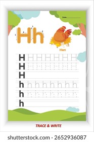 H para Hen Alphabet Tracing and Writing Practice for Kids Printable EPS Vetor File with Hen Themed Letter H Activities Planilhas de caligrafia pré-escolar e jardim de infância Fine Motor Skills Development