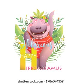 H is for hippopotamus, hilarious funky animal character ABC design for kids. Funny Hippo representing letter H in English alphabet. Watercolor styled vector jungle animal design for kids.