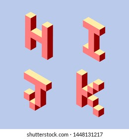 H, I, J, K letters 3 d pixel art set in isometric left. Red signs and letters on a light blue background. Vector illustration