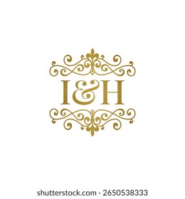 I H inisial logo ornamen emas. Huruf IH ampersand pernikahan atau simbol mitra bisnis.